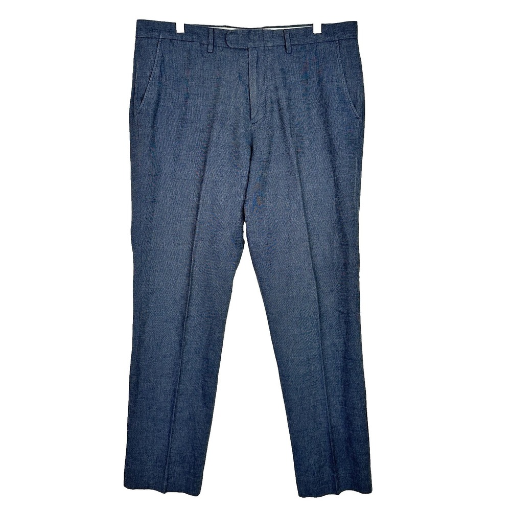 J Crew Bowery Slim Linen Cotton Dress Pants Men's‎ 34x30 Blue Straight Preppy